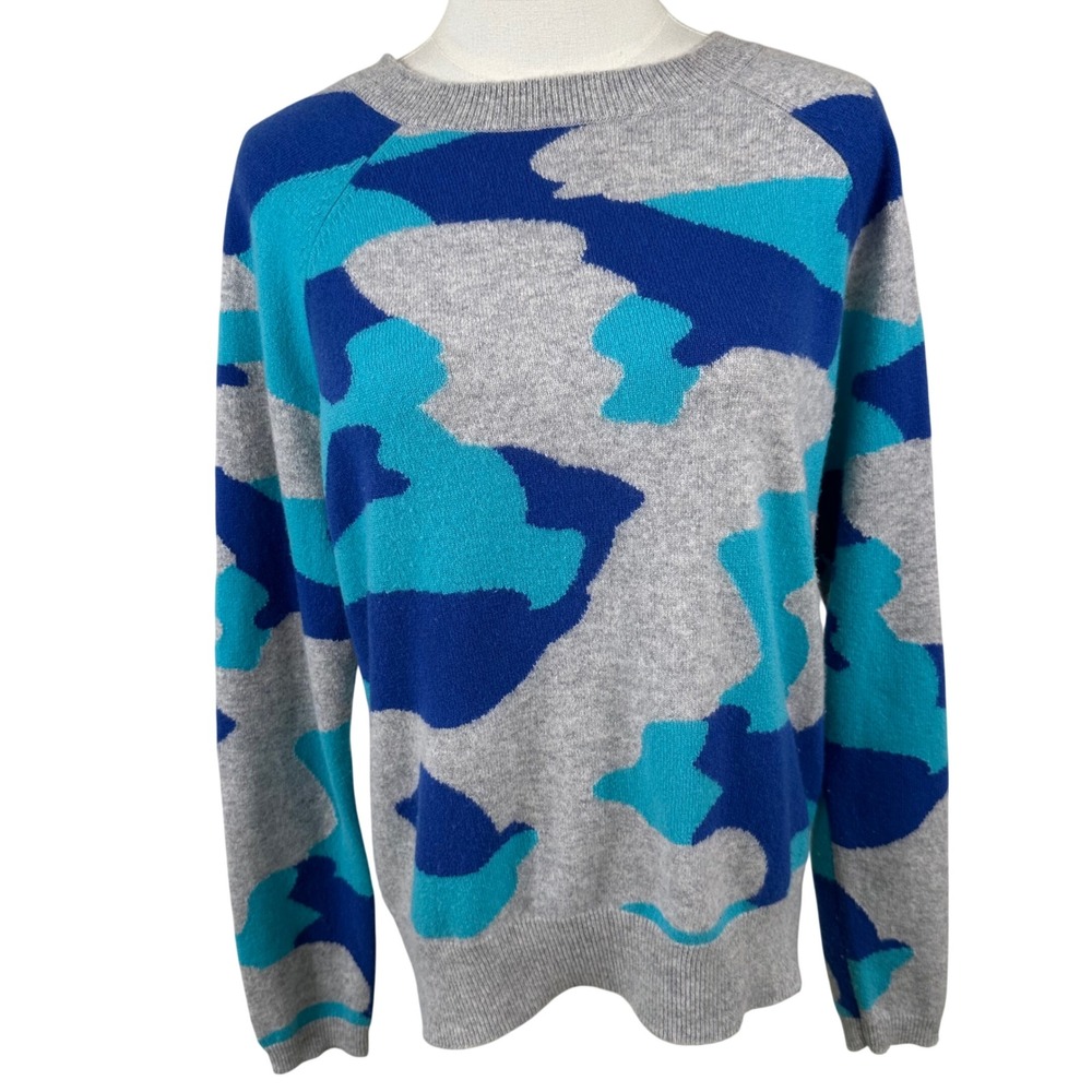 Pure Amici Sweater Women S Grey Blue Camo Cashmere Luxury Soft Crewneck Pullover